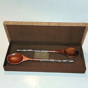 ATTICUS BAMBOO LARGE BROWN & SILVER SALAD  SPOON & FORK SERVERS